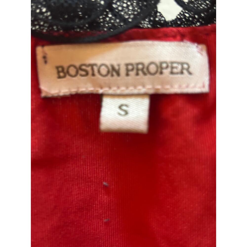 Boston Proper Black and Red Blouse with lace ruffles on the neckline and sleeve